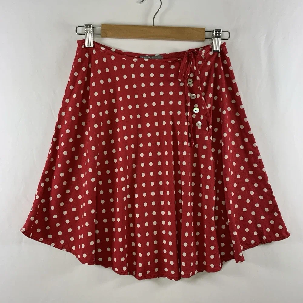 VTG 90s Womens Retro Polka Dot Mini Skirt S/M Button Tie Whimical Twee Flirty